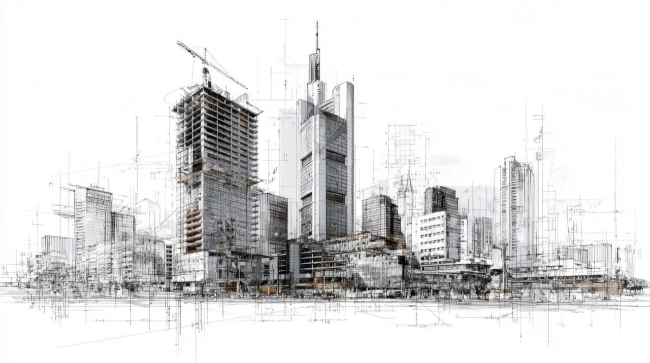 Konzeptvisualisierung: Eine Stadtskizze wird realistisch. Die Kamera fliegt zum linken Hochhaus und durch eine offene Fassade in ein noch unfertiges Obergeschoss.