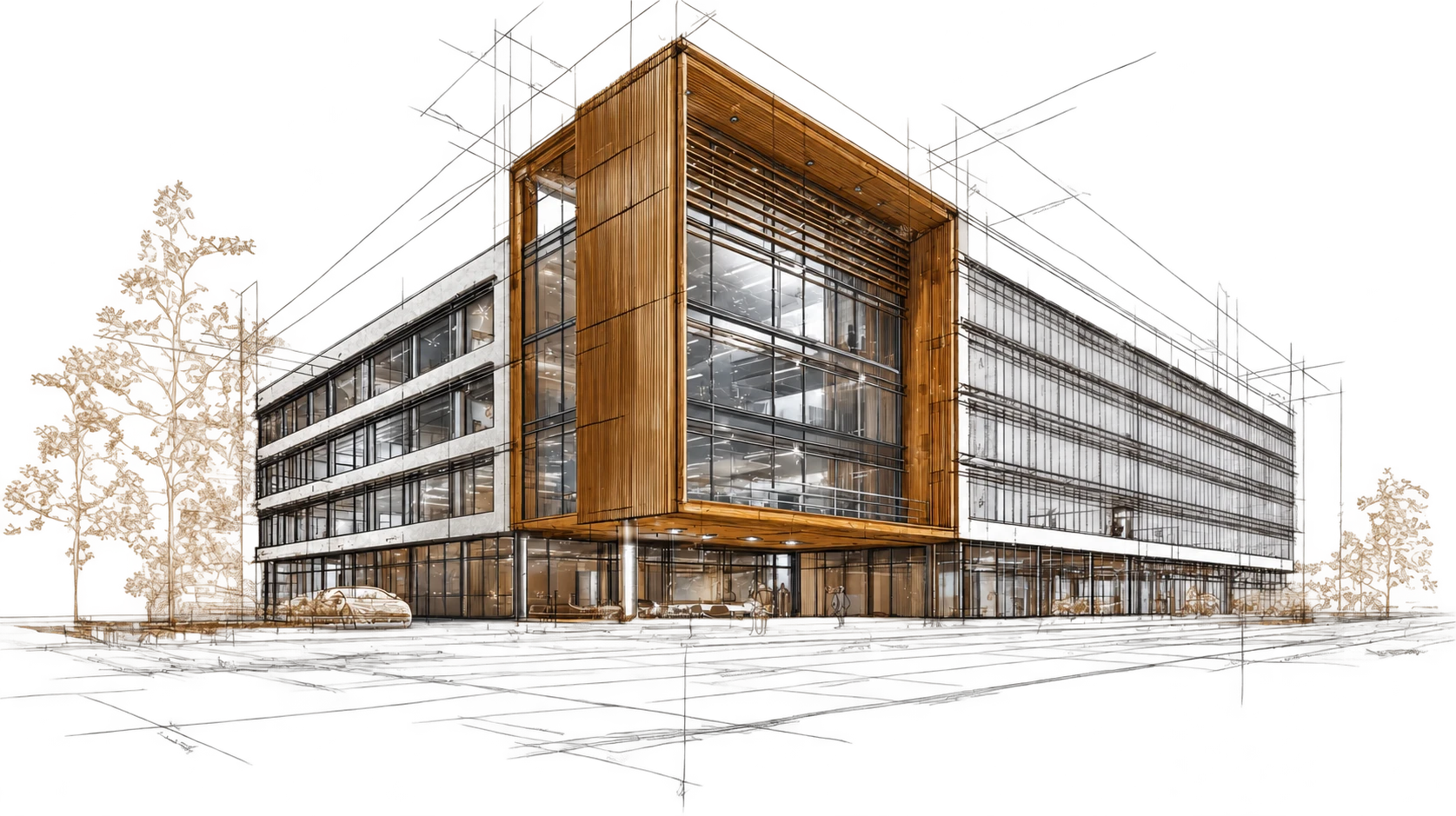 Konzeptskizze eines modernen Bürogebäudes mit Glasfassade und Holzdetails.